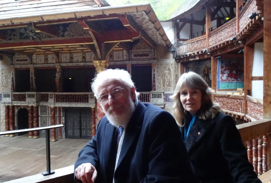 David and Hilary Crystal at Shakespeare’s Globe in London. The Crystals are the authors of “Wordsmiths and Warriors: The English-Language Tourist’s Guide to Britain.”