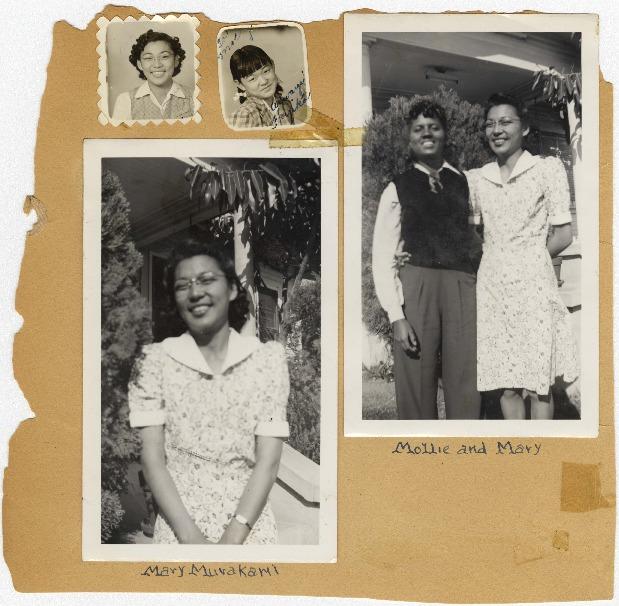 Four black and white photographs on a portion of a scrapbook page. Shows Mary Murakami, Fujiko Murakami and Mollie Wilson.