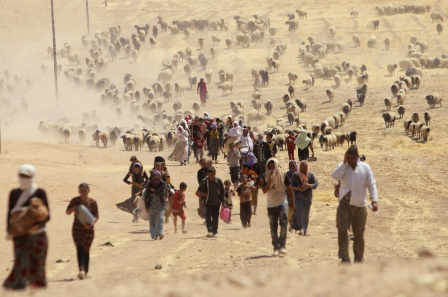 Displaced Yazidis fleeing ISIS forces in Sinjar walk toward the Syrian border, Aug. 10, 2014. 
