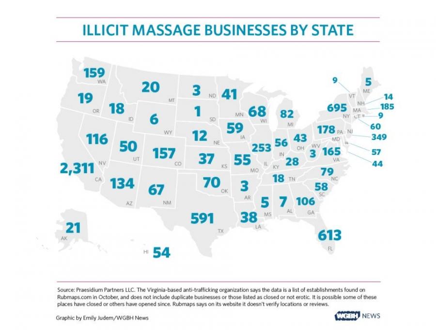 graphic showing massage parlors across the US