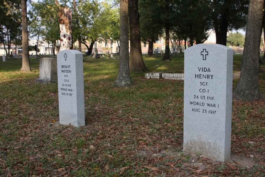 In 2017, two new headstones were placed at graves in Houston’s College Memorial Park Cemetery for two soldiers killed during the riot. The graves had previously been unmarked.
