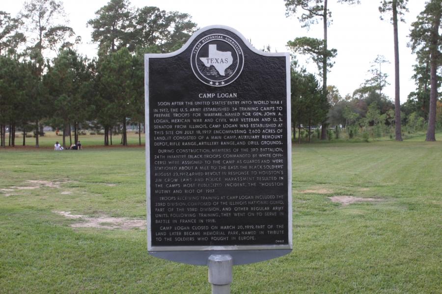The historical marker at the former location of Camp Logan in Houston, Texas. 