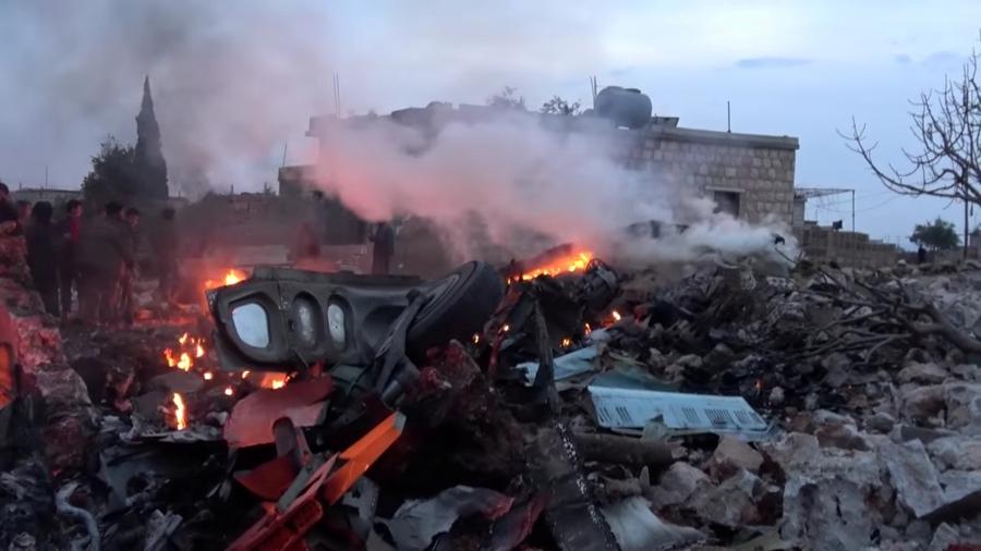 Syrian rebels say this image shows the Russian military plane shot down by rebel forces near Idlib, Syria, reportedly on Feb. 3, 2018.