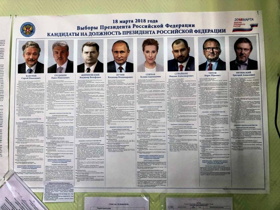 Photos of candidates for Russian president are on a poster.
