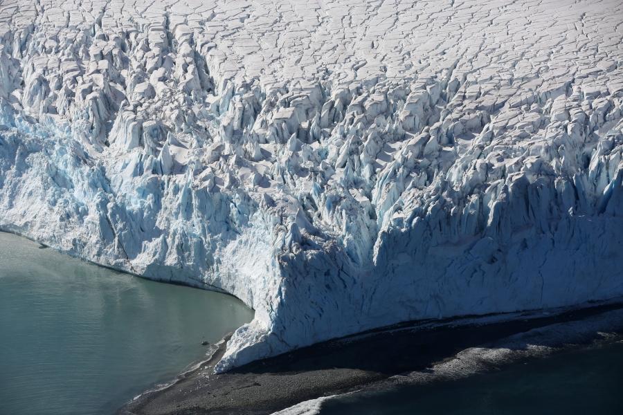 A glacier is seen from overhead in Half Moon Bay, Antarctica.