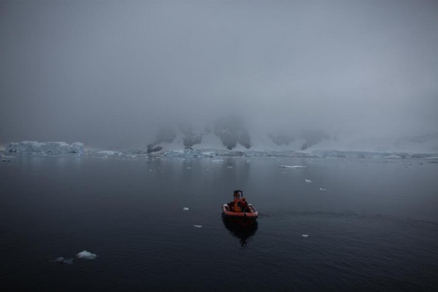 A Greenpeace boat sails in Andvord Bay.