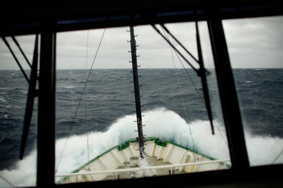 Waves break on Greenpeace ship Arctic Sunrise at the Drake Passage.