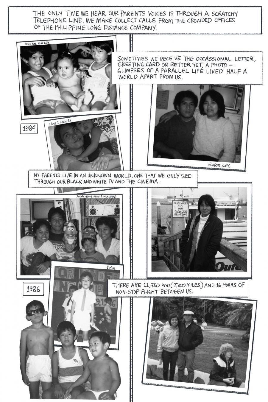 Comic panel: The only time we hear our parents' voices is through a scratchy telephone line. We make collect calls from the crowded offices of the Philippine long distance company. Below are black and white family photos showing two lives lived apart.