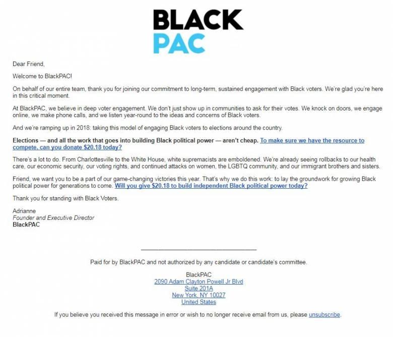 An email from the BlackPAC to volunteers details the organization’s approach. 