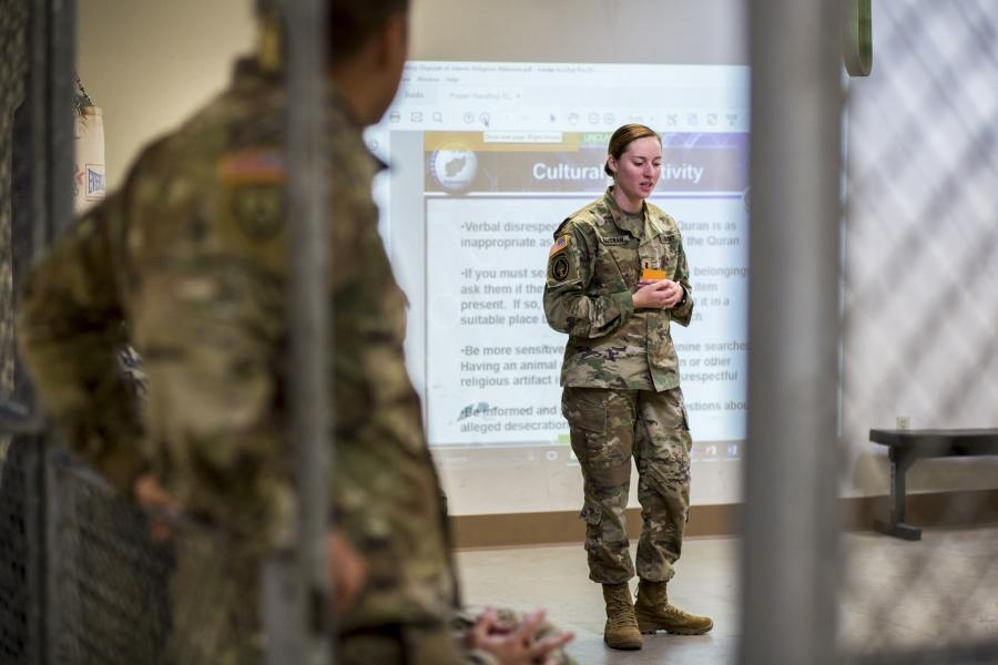 First Lieutenant Erica MacSwan teaches a cultural sensitivity session at Fort Carson in Colorado Springs, Colorado.