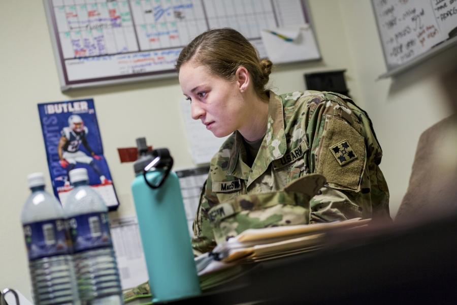First Lieutenant Erica MacSwan at her office at Fort Carson Army base in Colorado Springs, Colorado.