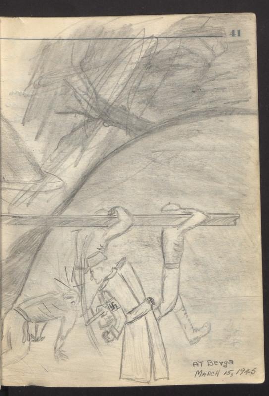 A picture of a Nazi guard beating a prisoner in Berga, drawn by Tony Acevedo.