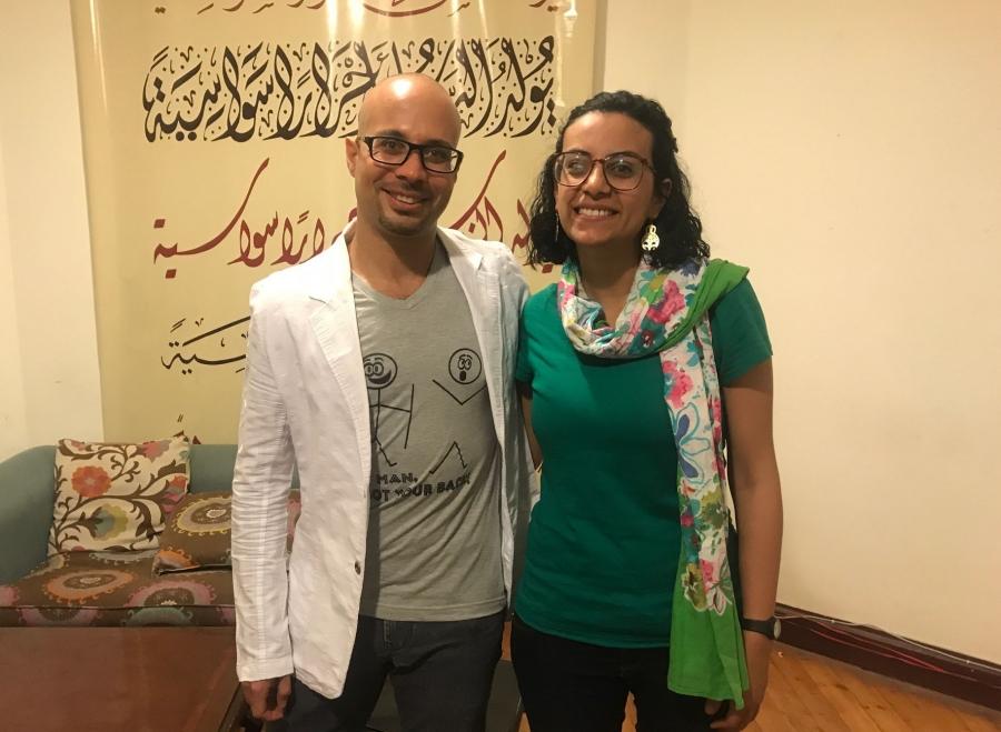 Ahmed Maher and his friend, human rights lawyer and activist Mahinour el-Masry pictured in Cairo, Egypt. Both had been jailed for their activism.