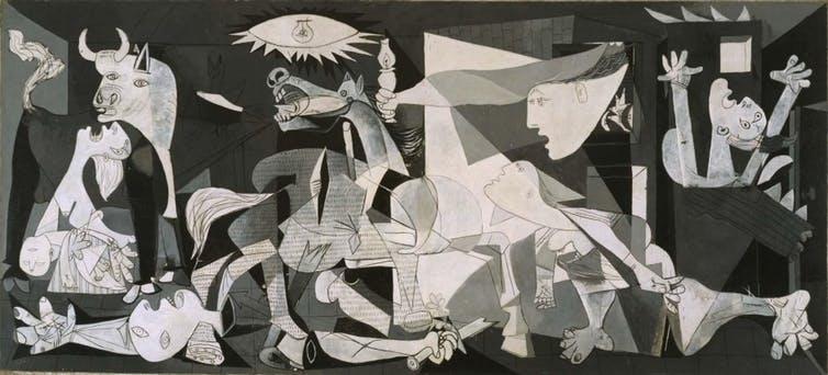 Pablo Picasso's 1937 ‘Guernica’ painting, which is black-and-white abstract art of men and monsters fighting each other. 