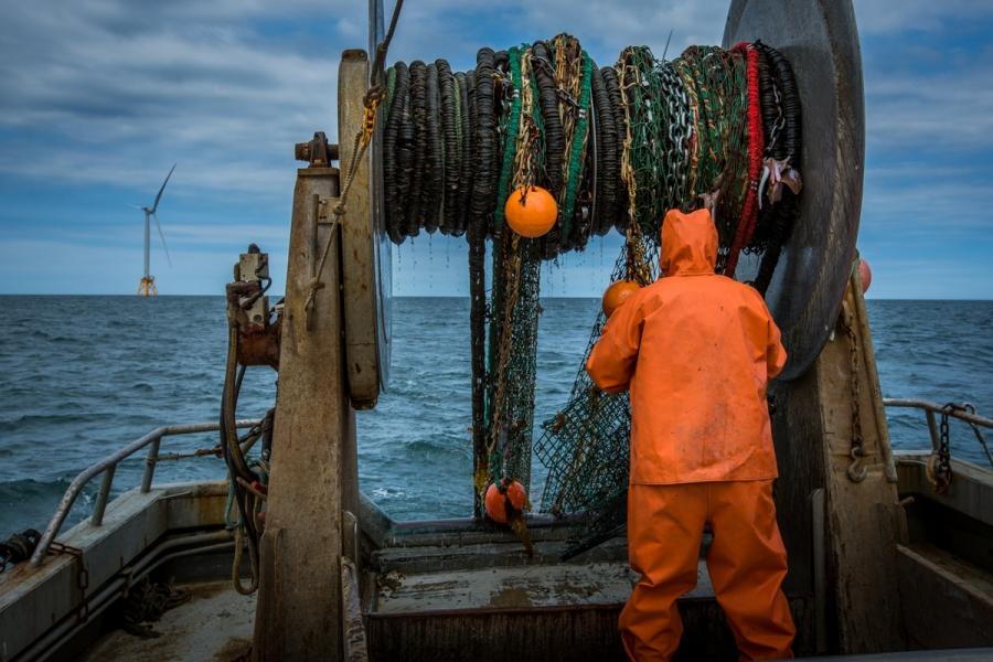 Dean West helps recover the F/V Proud Mary’s net after a tow near the Block Island Wind farm. 