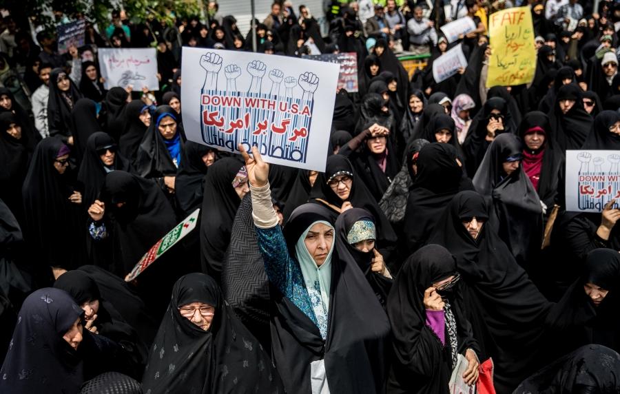 Iranian women gather during a protest against President Donald Trump's decision to walk out of the 2015 nuclear deal, in Tehran, Iran, May 11, 2018. 