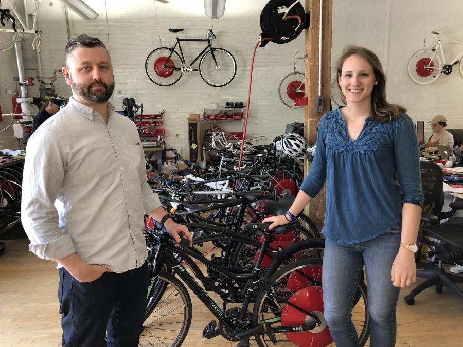 Megan Morrow and Jon O’Toole at Superpedestrian’s offices in Cambridge, Mass. Customers can purchase just the wheel and put it on an existing bike, or buy an entire new bicycle. 