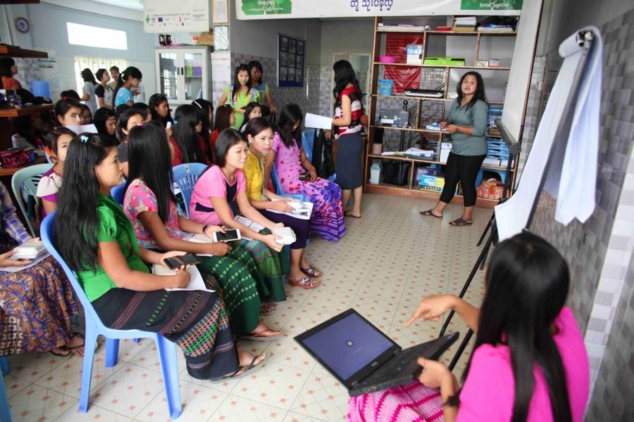 At a meeting run by women’s rights group BusinessKind, garment workers discuss changes in the minimum wage. Even with an upcoming rise, Myanmar’s minimum wage is still among the lowest in Asia. 