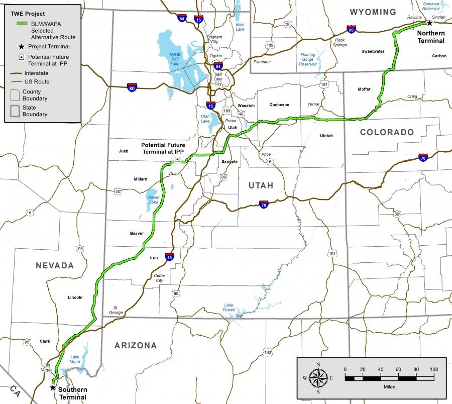 The 730-mile TransWest Express transmission line will deliver wind energy from Wyoming to California. 