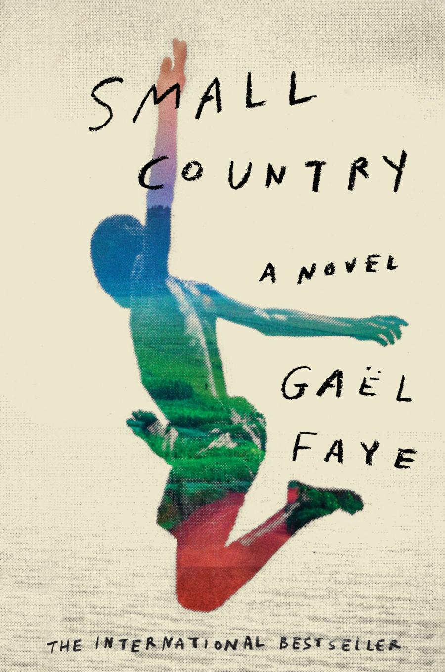 The cover of the novel 'Small Country,' which shows a boyish figure in blue, green and red leaping into the air with arms outstretched.