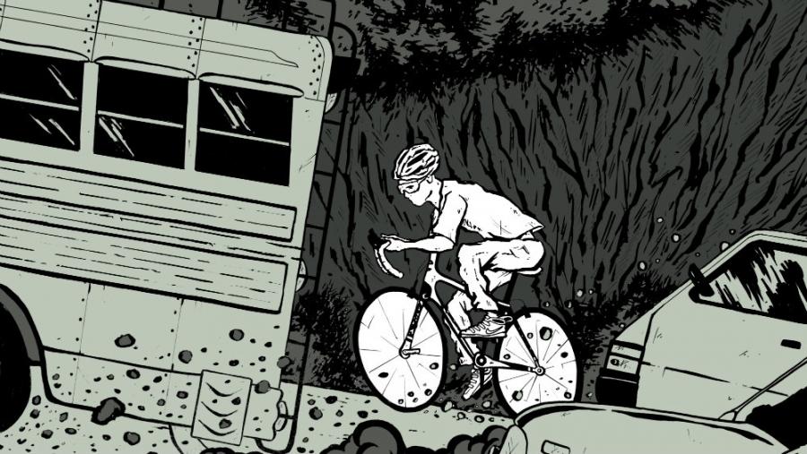Illustration of a young man riding a bicycle up a hill.