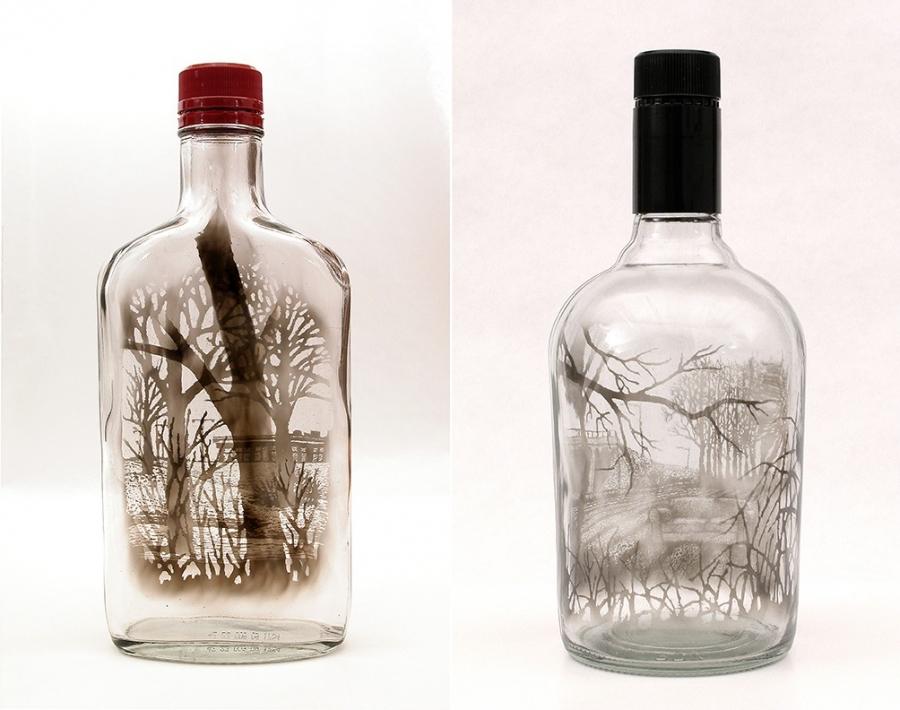 “Midwinter Crossing,” 2010 and “Questioning the Open Field,” 2011, by Jim Dingilian. Smoke inside empty glass bottle.