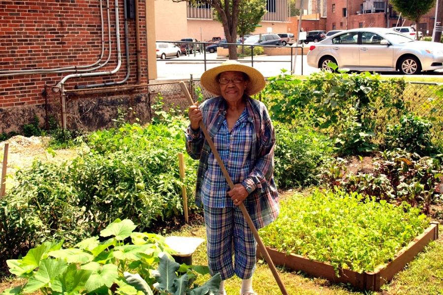 A senior member of Pleasant Hope Baptist Church works in Maxine’s Garden.