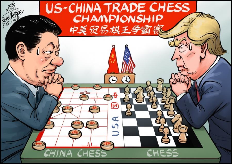 In this cartoon, Xi Jingping of China (left) plays Chinese chess, while Donald Trump (right) plays international chess.