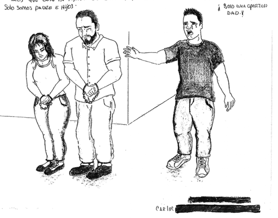 drawing of young woman and man in chains, with young man behind them crying