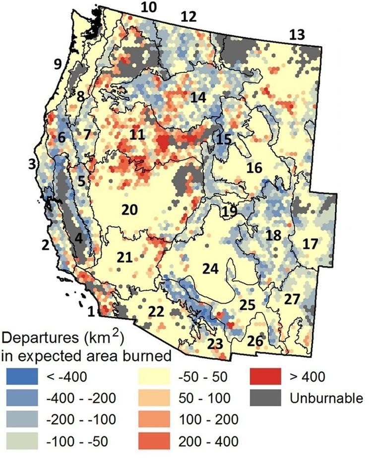 Blue areas on this map experienced fire deficits (less area burned than expected) between 1994 and 2012. Red areas had fire surpluses (more area burned than expected), while yellow areas were roughly normal.