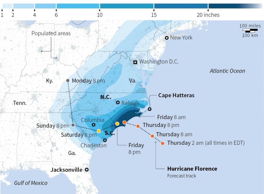 Expected rainfall forecast for Hurricane Florence.