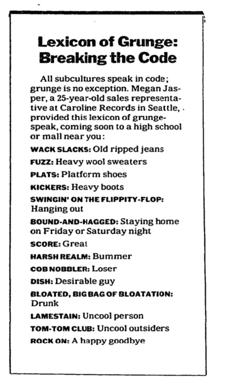 “The Lexicon of Grunge” published in The New York Times on November 15, 1992.