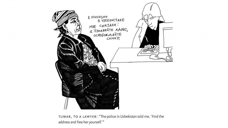 An illustration showing an older woman on the left wearing a scarf across from a lawyer at a desk with a computer.