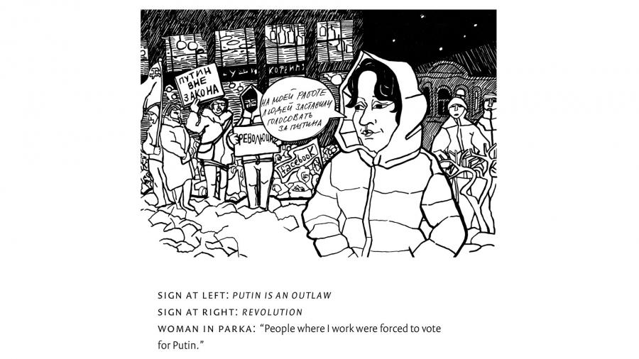 An illustration showing a women, wearing a parka, standing in front of people holding placards.
