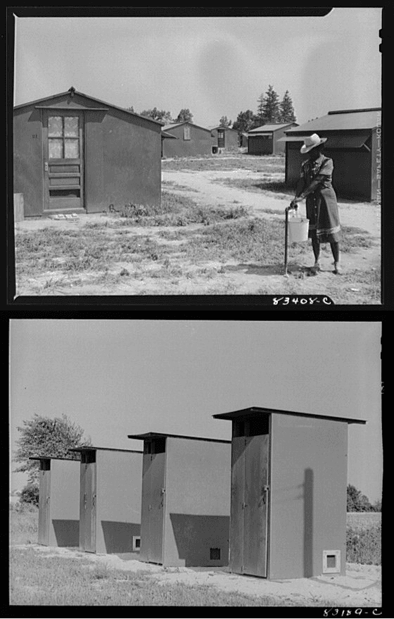 Top shows a woman at a pump in a camp, bottom a row of crude outhouses. Black and white images