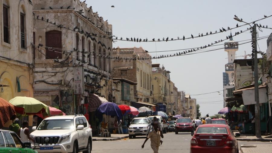 Djibouti City's dilapidated white building facades