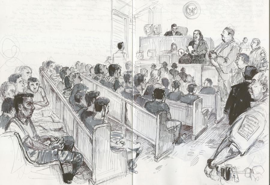 A pen and ink illustration shows a scene inside a courtroom
