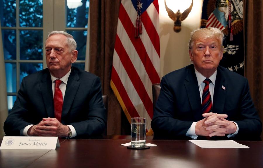 US President Donald Trump and Defense Secretary James Mattis sitting next to each other in the White House 