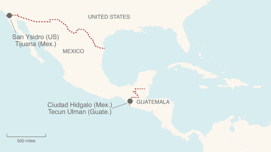 A map shows border crossings into Mexico from Guatemala and into the US from Mexico.