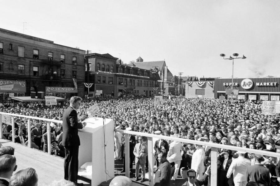 President John F. Kennedy delivers remarks to a congressional campaign rally in Monessen, Pennsylvania, October 13, 1962. 