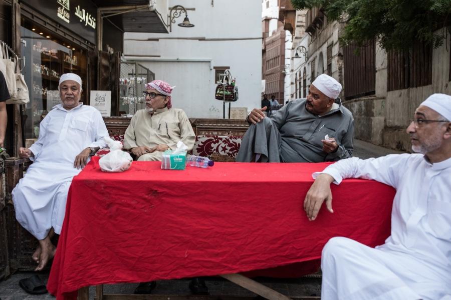Men enjoy an afternoon tea in Al Balad, Jeddah, Saudi Arabia.