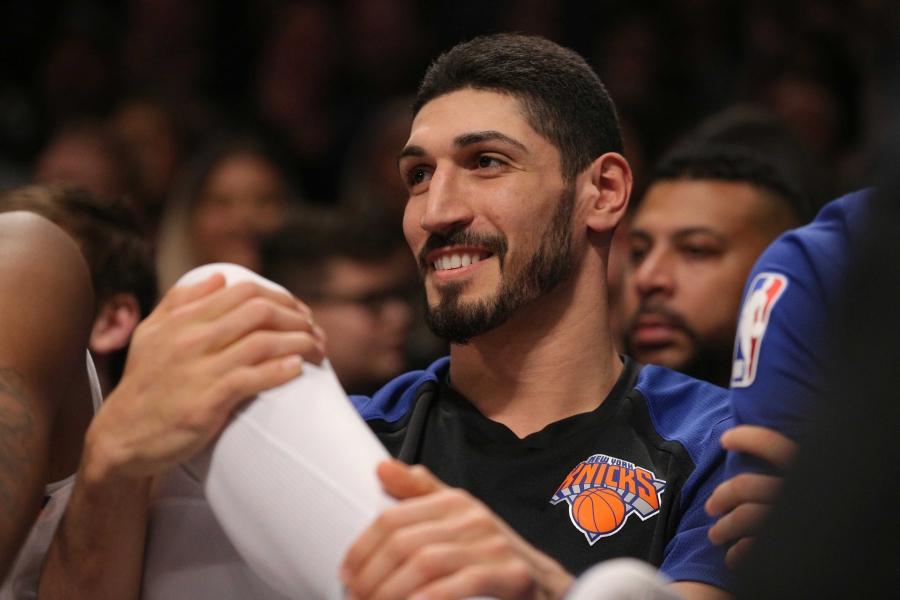 A close up of Enes Kanter's face as he looks to the left 