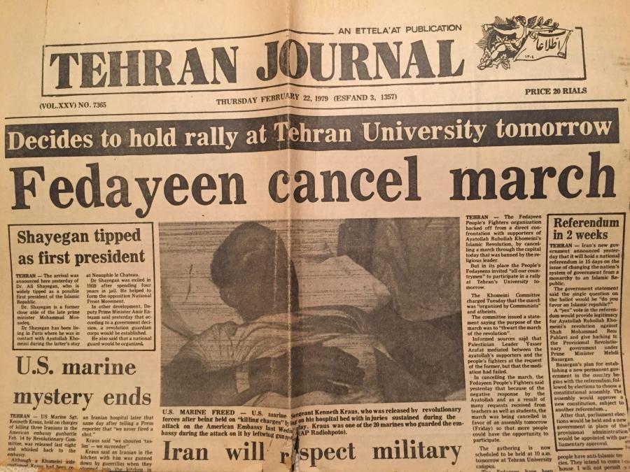 a newspaper clipping of the front page of the Tehran Journal, announcing Ken Kraus' release.