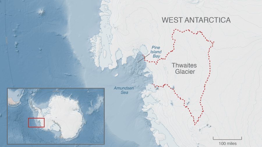 A map of West Antarctica shows the location of Thwaites Glacier
