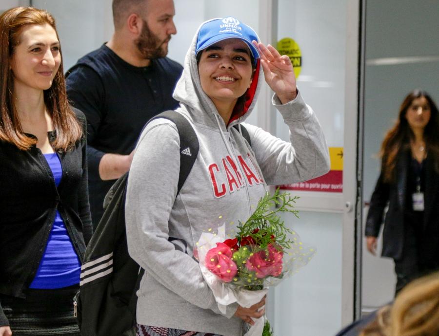 Rahaf Mohammed al-Qunun, an 18-year-old Saudi woman who fled her family, arrives at Toronto Pearson International Airport in Toronto, Canada on January 12, 2019. 
