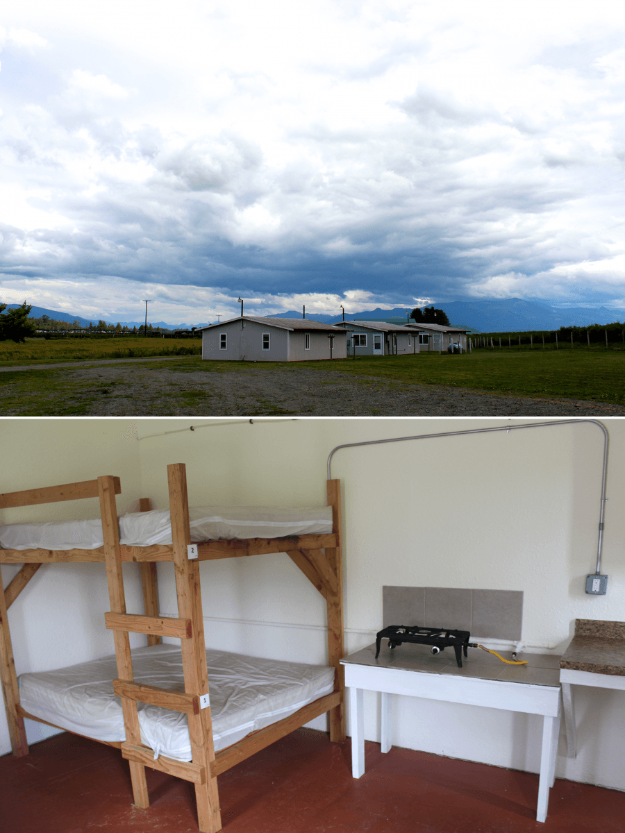 top image shows row of simple housing under big sky, bottom simple room with plain bunk bed, burner and sink