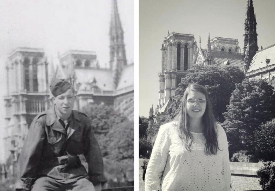 Side-by-side identical photos show two people posing for photos in front of the Notre-Dame cathedral