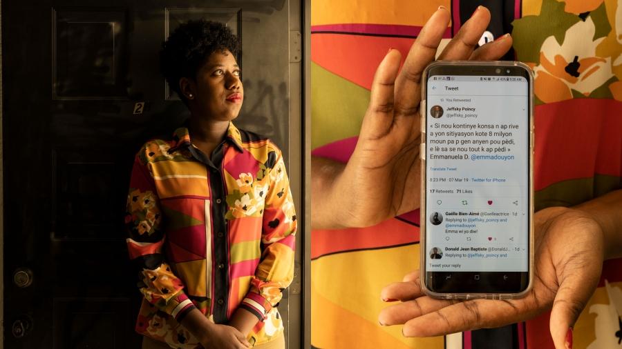 A portrait of Emmanuela Douyon is shown on the left with a second photo of her phone showcasing one of her tweets on the right.