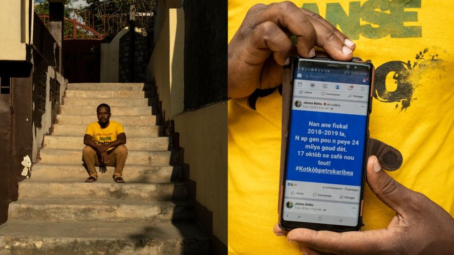 James Beltis is shown on the left sitting on steps with a second photo on the right showing his phone.