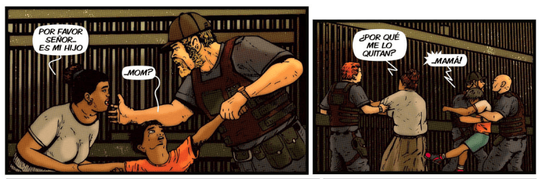 A comic book panel of an immigration officer taking a child away from his mother